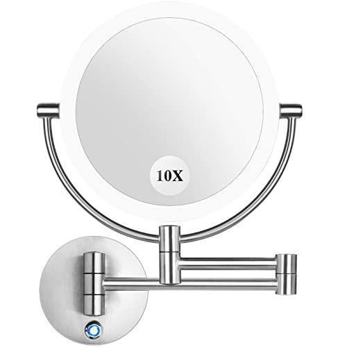 Pansonite LED Wall Mount Makeup Mirror with 10x Magnification, 8.5'' Double Sided 360° Swivel Vanity Mirror with 13.7" Extension and Adjustable Light for Bathroom & Bedroom, Brushed Finished