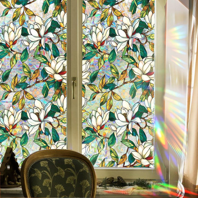 Yeysynana Window Film, Stained Glass Window Privacy Film, Rainbow White Flowers Double Sided Non-Adhesive Window Cling Stickers for Home Office Living Room Glass Windows Door Decor 16.93 x 39.37 Inch