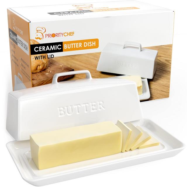 Priority Chef Ceramic Butter Dish with Lid for Countertop, Butter Keeper for Counter or Fridge, Covered Butter Tray Holder For Butter Storage, Holds 1 Stick, White