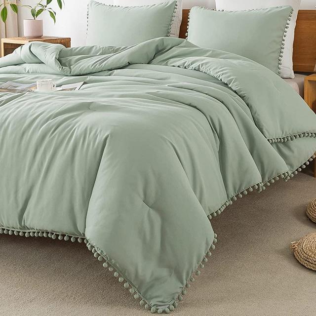 Litanika Sage Green Pom Pom Fringe Comforter Queen(90x90 Inch), 3 Pieces(1 Comforter and 2 Pillowcases) Aesthetic Boho Ball Pom Comforter, Lightweight Soft Microfiber Down Alternative Bedding Set