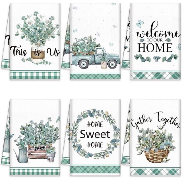 Mixweer 6 Pcs Eucalyptus Leaves Kitchen Towels Farmhouse Home Dish Towels Kitchen Hand Towels Absorbent Decorative Tea Towels for Kitchen with Hanging Loop for Bathroom Home Housewarming Gift