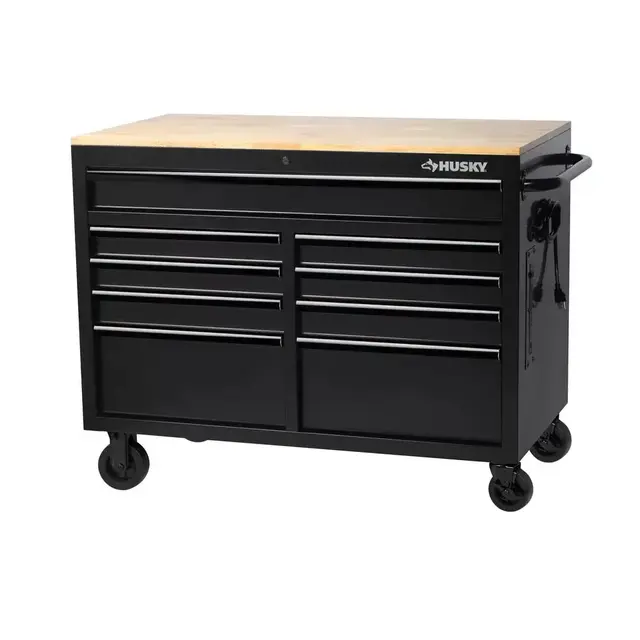 9-Drawer Gloss All Black Deep Tool Chest Mobile Workbench with Hardwood Top