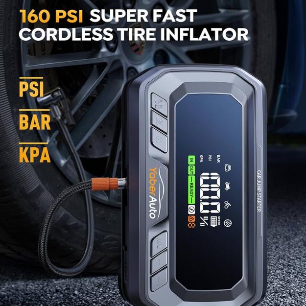 YaberAuto 12-in-1 Jump Starter with Air Compressor 8000A 160PSI 65W Charging, Portable Car Battery Jump Starter (All Gas/12L Diesel) Jump Box Car Battery Jumper Starter Portable Jumper Cables, 160W DC