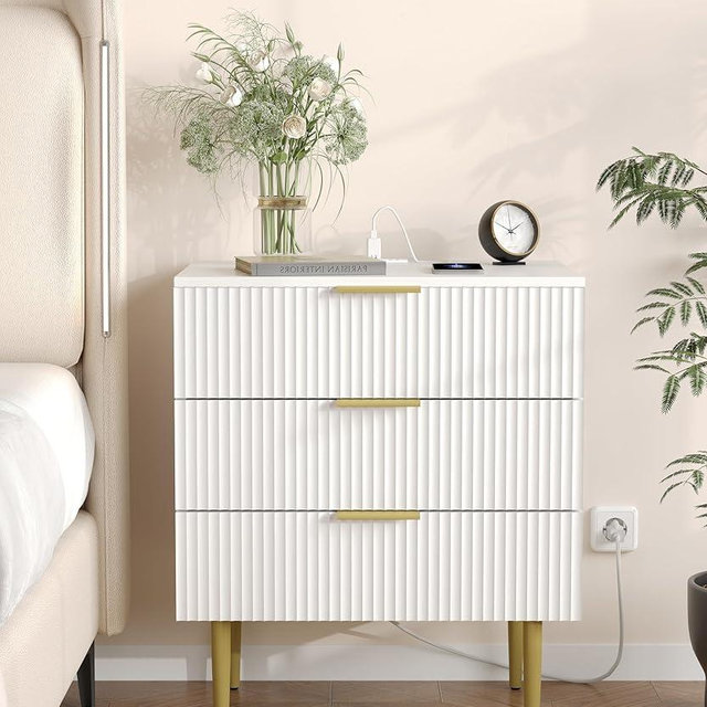 Akxomel 3 Drawer Nightstand with Charging Station, 23.2" W Large Fluted Night Stand, Modern Bedside Table with USB Ports and Outlets, Chest of Drawers, Dresser for Bedroom, White and Gold