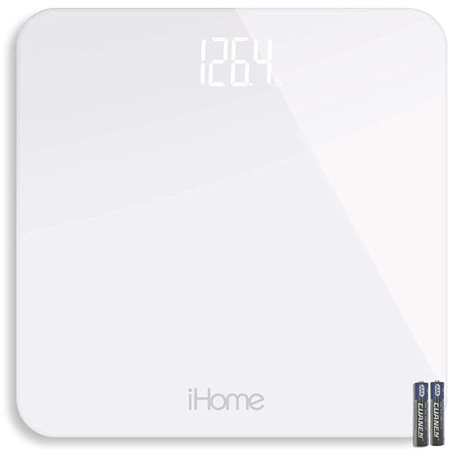iHome Digital Scale Step-On Bathroom Scale - iHome High Precision Body Weight Scale - 400 lbs, Battery Powered with LED Display - Batteries Included -Great for Home Gym (White)