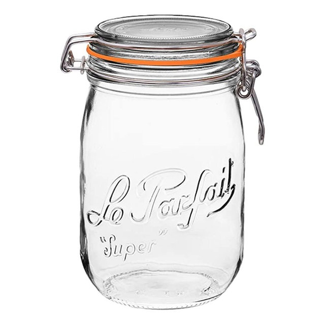 Le Parfait Super Jar - 1L French Glass Canning Jar w/Round Body, Airtight Rubber Seal & Glass Lid, 32oz/Quart (Pack of 4) Stainless Wire