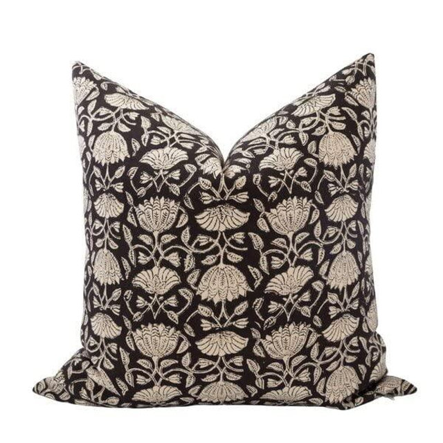 AMARI || Floral Block Print Pillow Cover Black and Tan Floral Fall Pillow Modern Farmhouse Cottage Moody Floral Sofa Pillow Tan Floral, both side print, Custom Size