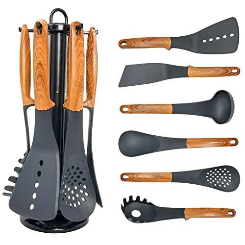 7 Piece Nylon Cooking Utensils Set with Rotating Stand Includes - Spoon, Slotted Spoon, Soup Ladle, Pasta Server, Cake Turner, Slotted Spatula