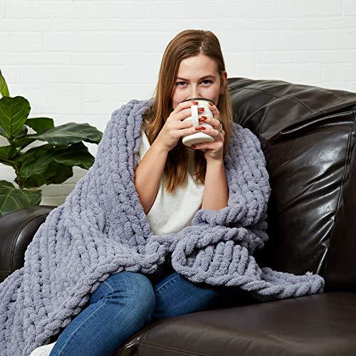LETTER PERFECT Chunky Knit Throw Blanket - Grey - Handwoven - Gorgeous Braided Pattern - 40x48 inches - Breathable - Chenille Yarn - Cozy Blanket - Modern Bedding - Soft Blankets - Bedroom Decor