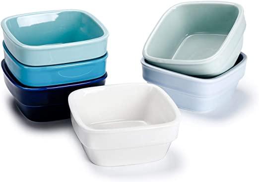 Sweese 513.003 Porcelain 7oz Dipping Bowls, Sauce Dishes, Square Ramekins, Souffle Dishes Set of 6, Cool Assorted Colors