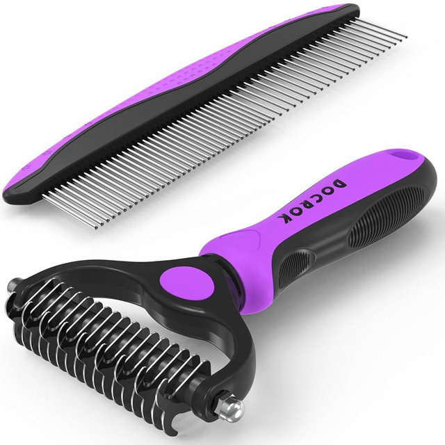 Docrok Pet Grooming Brush and Metal Comb Combo - Undercoat Rake for Dematting and Deshedding Long Matted Haired Dogs and Cats, Purple