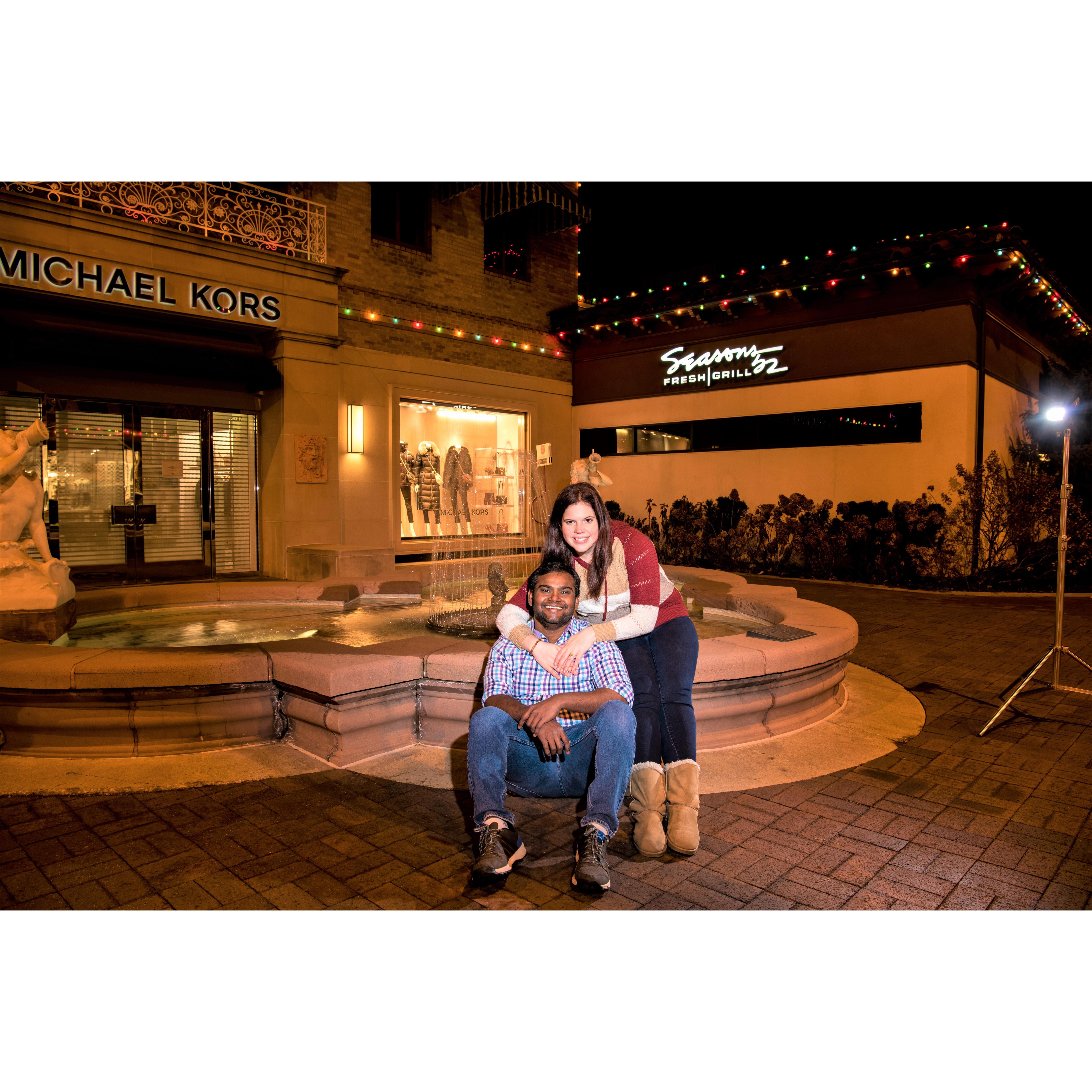 Engagement Photos at the Plaza with Christmas Lights.   Photos by Vijay Ainapurapu.