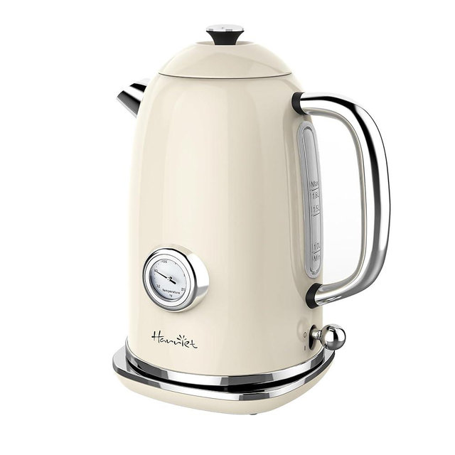 Harriet Electric Kettle, 1.8L Retro Electric Tea Kettle with Thermometer, 1500W Stainless Steel Hot Water Kettle Electric with LED Indicator, Fast Boiling, Cordless, Auto Shut-Off, Beige White