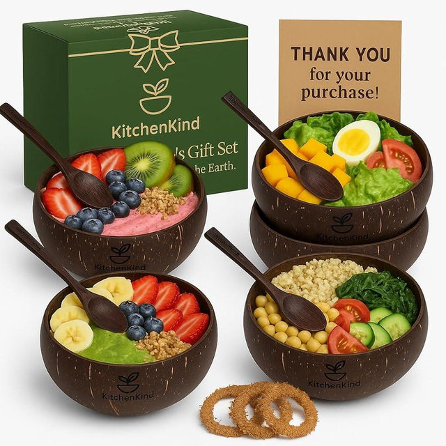 KitchenKind Mindful Meals Gift Set – 4 Premium Jumbo Coconut Bowls with Spoons & Eco Stands – Wobble-Free, Sustainable Dinnerware in Premium Gift Box