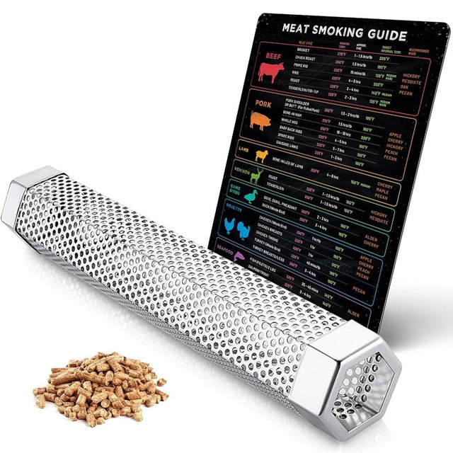 BBQ Meat Temperature Magnet & Pellet Smoker Tube Bundle – Durable Meat Smoking Guide & Stainless Steel Pellet Smoker Tube for Gas, Charcoal, & Electric Grills – Essential BBQ & Grilling Accessories