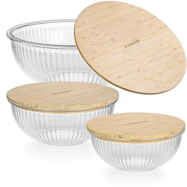 Glass Mixing Bowls - Nesting Bowls - Cute Collapsible Glass Bowls With Lids Food Storage - 3 Stackable Microwave Safe Glass Containers - Salad Bamboo Mixing Bowls - Baking Glass Bowls Set For Kitchen