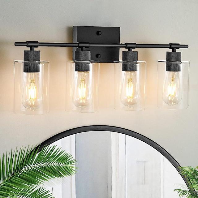 VOLISUN 4 Light Bathroom Vanity Light, Matte Black Bathroom Light Fixtures with Clear Glass Shade and E26 Base, Modern Bathroom Lights Over Mirror and Sink, Black Vanity Lights for Bathroom, Wall