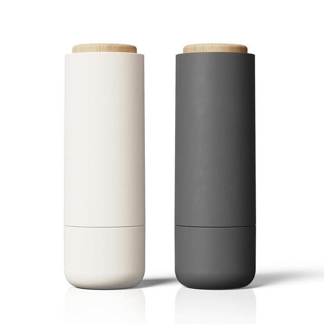 LIBKEN - Salt and Pepper Grinder Set - Adjustable Ceramic Grinder - Premium Spice Shaker - Condiments Dispenser - Easy to Refill - Wood and soft coated plastic - 6.2 x 2.2 inch (White and Grey)