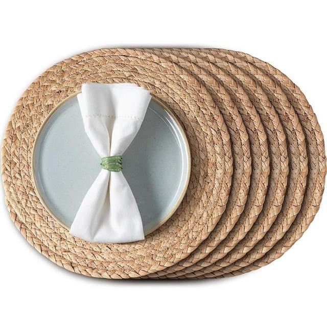 Aofmee 13.8 inch Round Woven Placemats Set of 6, Boho Rattan Place Mats, Natural Water Hyacinth Table Placemats, Farmhouse Weave Table Mats, Rustic Braided Wicker Charger Plates for Dining Table Decor