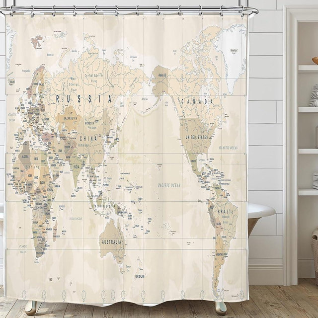 Riyidecor World Map Shower Curtain 72Wx84H Inch Extra Long Beige Geography Map of The World with Major City Countries Educational for Students Bathroom Decor Fabric Polyester Waterproof 12 Pack Hooks