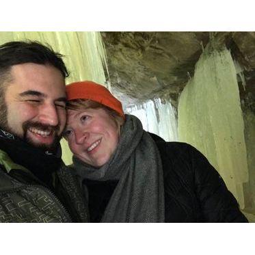 At the Eben ice caves in Michigan, right before Alicia fell on her keister in a puddle.