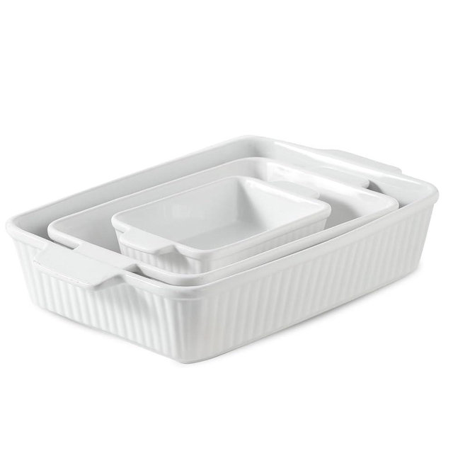 Hasense Rectangular Casserole Dishes for Oven, Ceramic Baking Dish, Baking Pans Set of 3, Lasagna Pan with Handle, Microwave & Dishwasher Safe, Wedding Mother's Day Gift, White(15"/12.2''/8.3'')