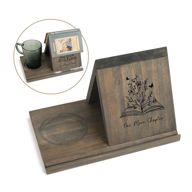 LITIVY Wooden Book Holder with Drink Holder, Wooden Triangle Bookmark Reading Rest with Slotted, Book Display Bookmark Book Holder Decor for Coffee and Book Lover Gifts (Greenish Gray)