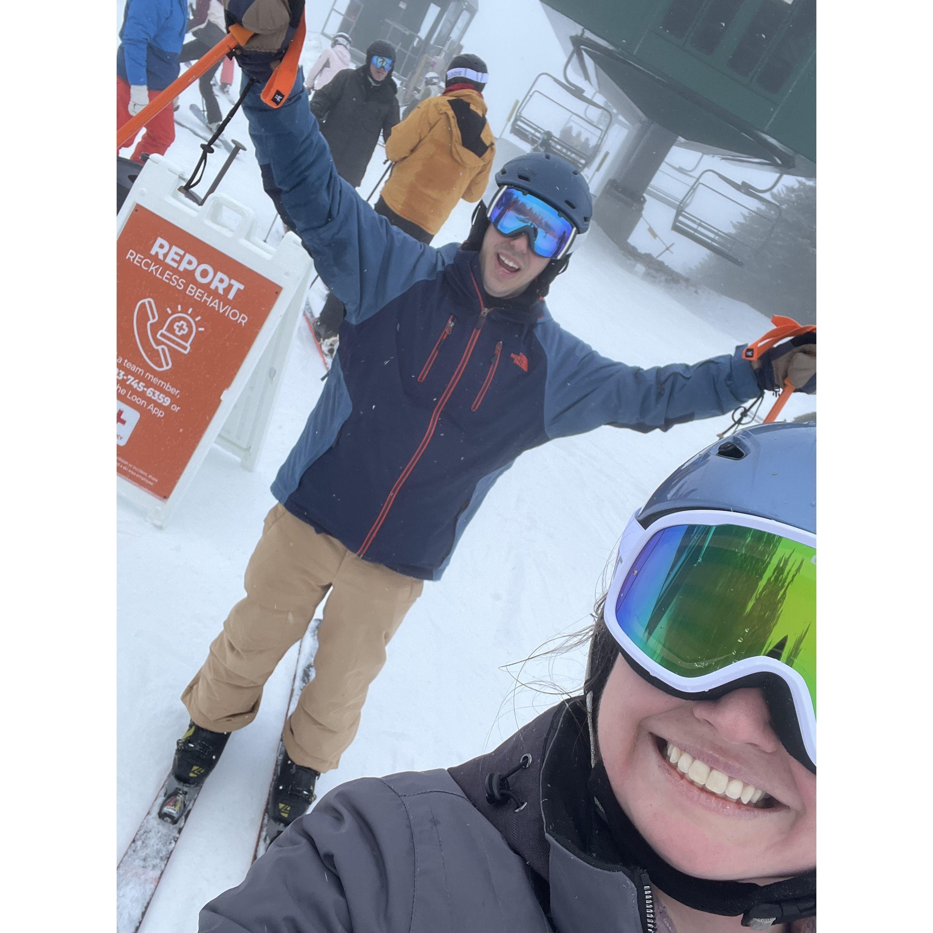 Alison and Jack skiing at Loon in January of 2024.