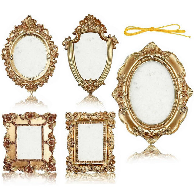 Orlithia 5Pcs Small Picture Frames With Back Small Gold Vintage Picture Frames With Hooks And Rope Baroque Resin Decor For Wedding/Home/Office Gift For Friends And Family (Vintage Gold)