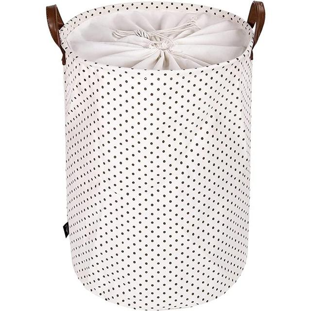 DOKEHOM 19-Inches Freestanding Laundry Basket with Lid, Collapsible Large Drawstring Clothes Hamper Storage with Handle (Brown Dots, L)