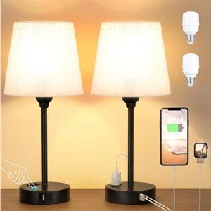 Mini Bedside Lamps for Bedrooms Set of 2 - Nightstand Bedroom Lamps with USB C Port and AC Outlet Charging, Dimmable Touch Small Bed Side Table Lamp, Black Night Stand Light for Kids/Guest Room