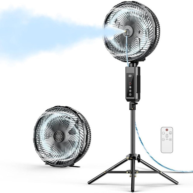 Misting Fan Portable, 20000mAh 12-Inch Outdoor Misting Fan for Patios Outside, 2 In 1 Pedestal & Tabletop Oscillating Fans with Misting Kit, Rechargeable Cooling Fans with Remote/Mist/7 Gear/Timer