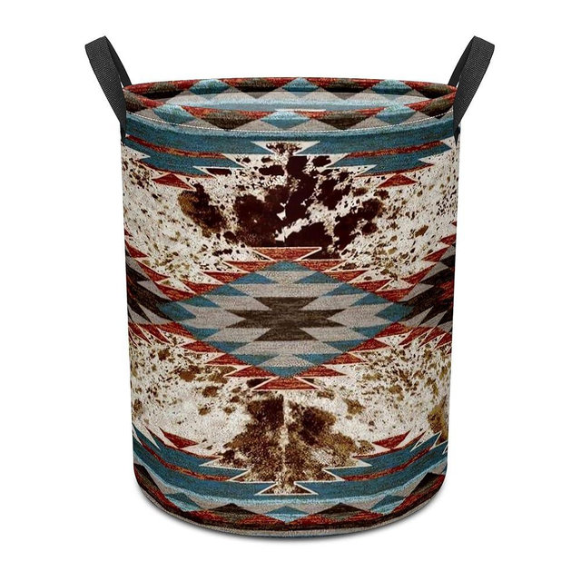 Western Aztec Cow Print Baby Laundry Hamper,Laundry Basket,Waterproof Storage Bin for Bedroom,Clothes Organizer Basket,Toys Box,Room Decor