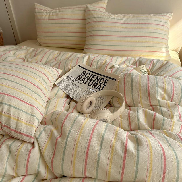EAVD Colorful Striped Duvet Cover Twin Soft 100% Cotton Vintage Pink Green Yellow Stripes Printed Bedding Set with 2 Pillowcases Retro Reversible Geometric Comforter Cover with Zipper Corner Ties