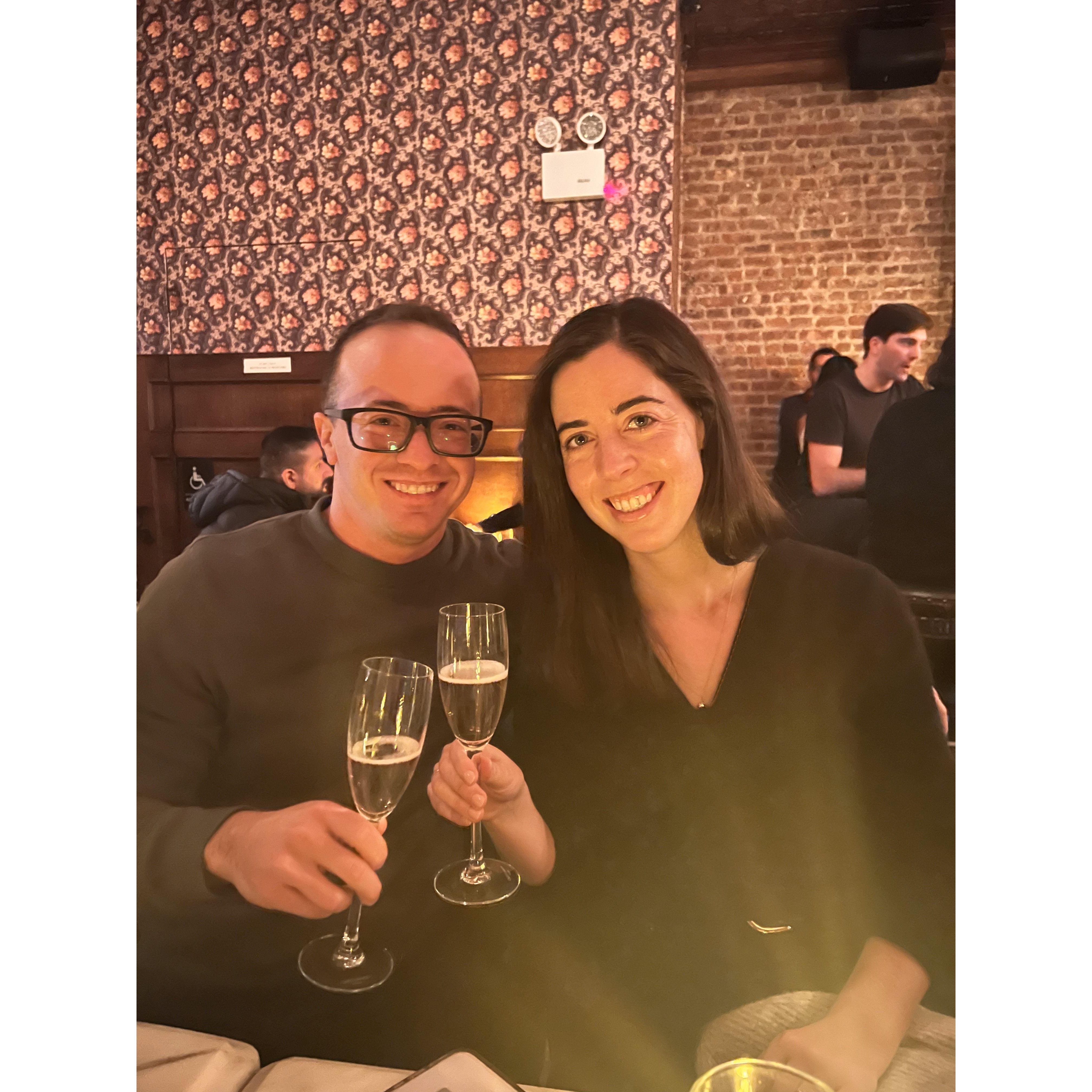 Toasting our engagement at the Clover Club, our favorite bar in Brooklyn.