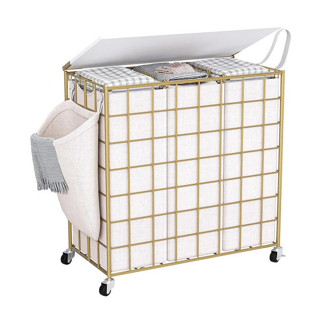 Laundry Basket with Wheels, Heavy Duty Laundry Sorter 3 Sections, 140L (37Gal.) Large Capacity Laundry Hamper with Wood Lid, 360 Rolling Wheels, Extra Side Pocket, Leather Pull Handle, Golden+Beige