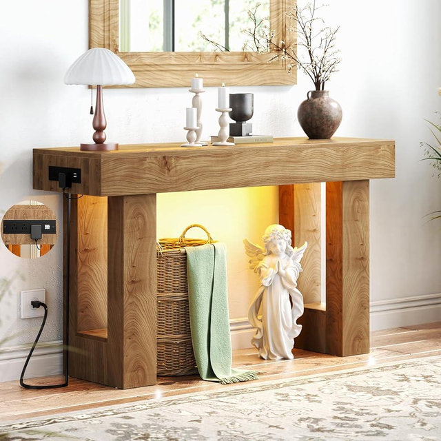 Unikito 47" Entryway Table with Socket and Sensor Light, Narrow Console Table with Storage Behind Couch, Farmhouse Entry Way Tables with Open Storage for Entrance/Hallway/Living Room, Natural Oak