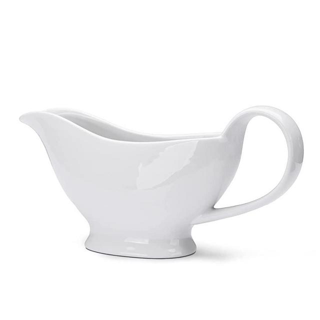 WishDeco Porcelain Gravy Boat, 8OZ/220ML Ceramic Sauce Jug with Smooth Handle and Lip Spout, Serving Salad Dressing Broth Ketchup Black-Pepper, White.