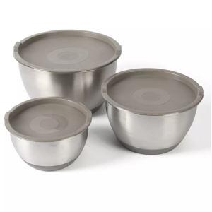 Martha Stewart Rhinewell Mirror Polish 6 Piece Stainless Steel Mixing Bowls with Lid and Non-Slip Base - Grey