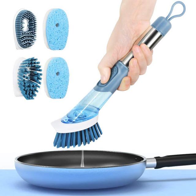 Dish Scrub Brush with Soap Dispenser for Kitchen,Scotch Brite Sponges for Dishes,Dish Scrubber with Handle for Sink,Cups,Bowls,Pots,Cleaning Sponge Dishwand Refill Set 5 Replacement Head (Blue)