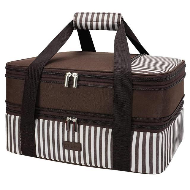 Double Insulated Casserole Carrier Bag - Casserole Dish Carrier, Hot & Cold Food Carry Bag Potluck Parties, Lasagna Holder Tote for Picnics,Beaches,Traveling or Gifts, Fits 9”x13” Baking Dish，Brown