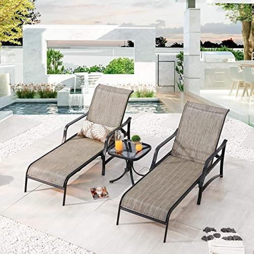 LOKATSE HOME 3 Pieces Outdoor Chaise Lounge Set Patio Pool Chairs Adjustable Back Steel Teslin with Coffee Table, Grey