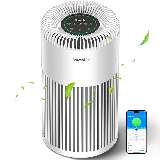 GoveeLife Smart Air Purifier for Home Large Room Up to 1524 sq.ft.with Washable Filter, Integrated PM 2.5 Air Quality Sensor,WiFi, H13 True HEPA Air Purifier for Smoke, Wildfire, Pet Hair,24dB, White
