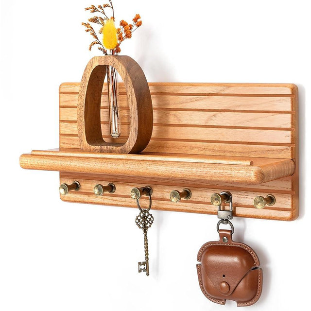 Rebee Vision Cedar Wood Key Holder Wall Mount – Farmhouse Wooden Key Holder for Wall with 6 Hooks & Floating Shelf - Farmhouse Home Decor Solution (Walnut)