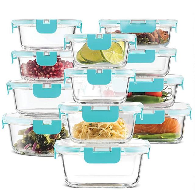 24-Piece Superior Glass Food Storage Containers Set - Newly Innovated Hinged BPA-free Locking lids - 100% Leakproof Glass Meal-Prep Containers, Great On-the-Go & Freezer-to-Oven-Safe Food Containers