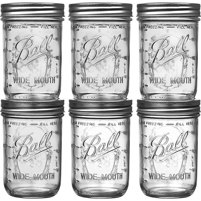 Ball Wide Mouth Mason Jars 16 oz Bundle with Non Slip Jar Opener brand BHL Jars- Set of 6 Half Quart Mason Jars - Canning Glass Jars with Lids