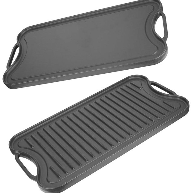 PETKAO Reversible Cast Iron Griddle Plate for Gas Grill, Stovetop Grill Pan for Electric Stove, Pre-Seasoned Grill Griddle Pan for Gas Stove Top 2 Burner, Extra Large Stove Top Grill Plate 20" x 10.5"