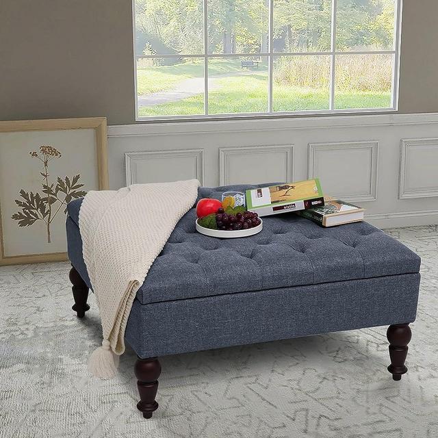 ABBLE Indoor 34'' Wide Tufted Square Storage Ottoman with Hinged Lid Space Saving Coffee Table Upholstered Storage Storage Cocktail Ottoman Seat for Living Room Bedroom Office Denim Blue