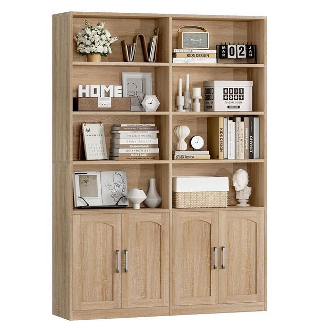 FACBOTALL Bookshelf and Bookcase with Doors, 6 Tier Double Wide Large Bookshelves, Open Display Shelves, 73'' Tall Bookshelf with Storage Cabinets for Home Office, Living Room, Library, Oak