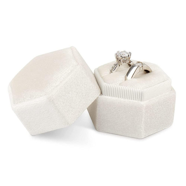 DesignSter Hexagon Velvet Ring Bearer Box - Premium Gorgeous Vintage Double Ring Display Holder with Detachable Lid for Proposal, Engagement, Wedding, Ceremony (Beige)